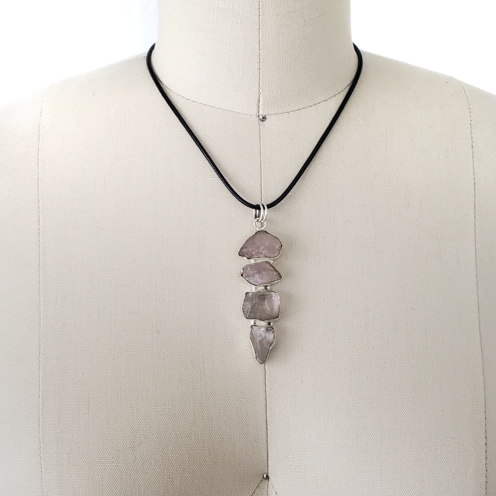 Natural Rough Rose Quartz Gemstones Set in 925 Sterling Silver Pendant, NWT - Picture 3 of 16